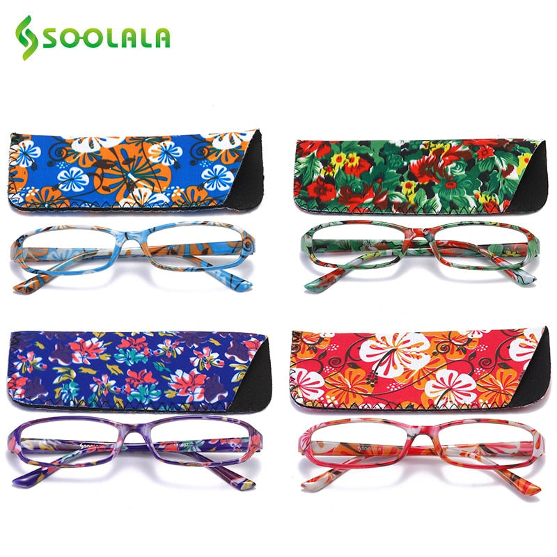 Soolala 4Pcs Womens Reading Glasses Spring Hinge Rectangular Printed Reading Glasses W/ Matching Pouch +1.0 1.5 1.75 2.25 To 4.0 Reading Glasses SOOLALA 4 Mixed Color-B +100 