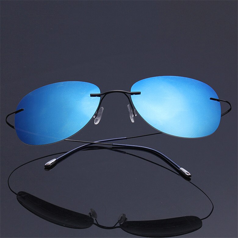Men's Sunglasses Pure Titanium Rimless Polarized Ultra-light Flexible Sunglasses Brightzone Black Blue  