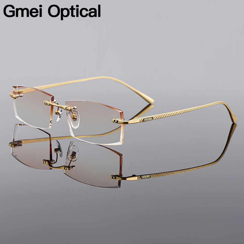 Gmei Men's Eyeglasses Titanium Rimless Gradient Brown Rectangle Golden Q6607 Rimless Gmei Optical   