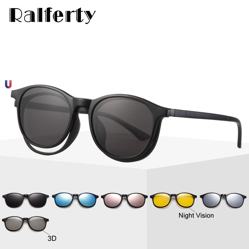 Ralferty 6 In 1 Magnet Sunglasses Women Polarized Eyeglass Frame With Clip On Glasses Men Round Uv400 Tr90 3D Yellow A2245 With Clip Ons Ralferty   