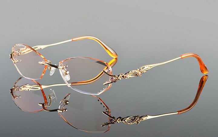 Women's Eyeglasses Diamond Cutting Rimless Titanium 8036B Rimless Chashma gold with brown  