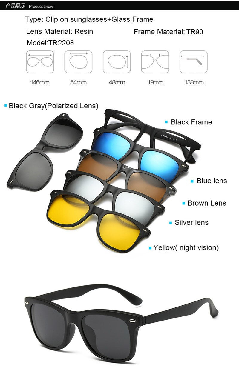 Men's Magnetic Clip-On 5 Piece Sunglasses Tr90 Frame Eyeglasses Sb31 Sunglasses Brightzone TR2208  