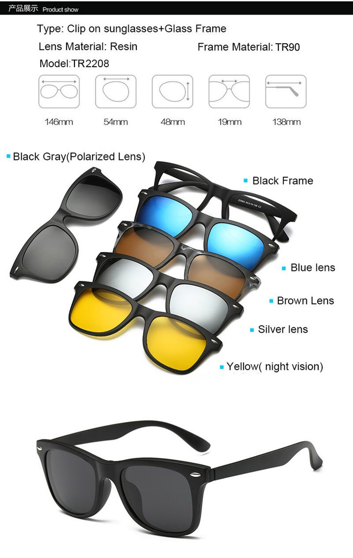 Men's Magnetic Clip-On 5 Piece Sunglasses Tr90 Frame Eyeglasses Sb31 Sunglasses Brightzone TR2208  