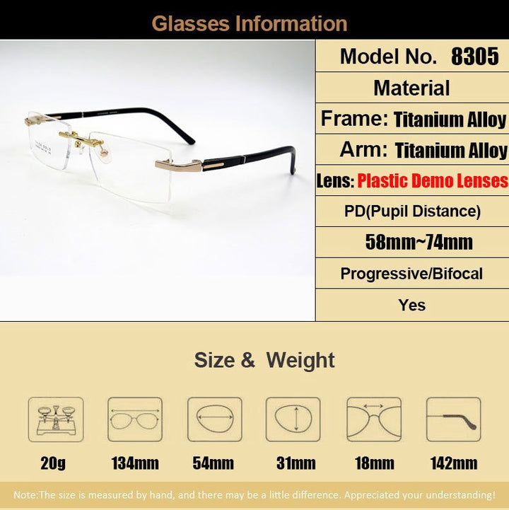Men's Eyeglasses Titanium Alloy S8305 Rimless Rimless Gmei Optical   