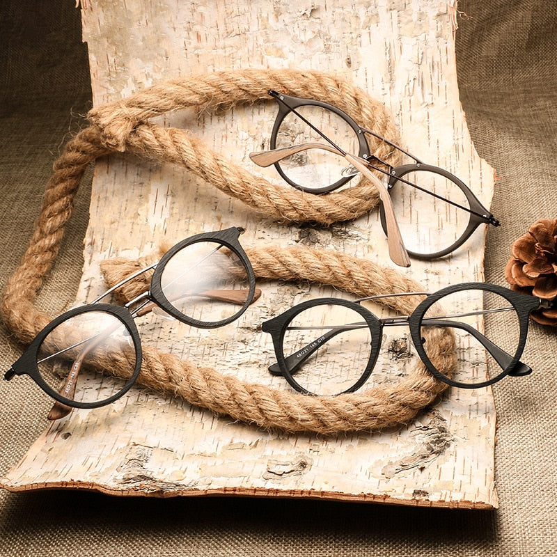 Hdcrafter Unisex Full Rim Round Wood Metal Frame Eyeglasses Double Bridge Full Rim Hdcrafter Eyeglasses   