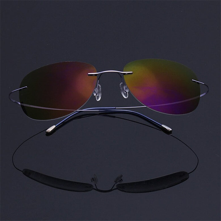 Men's Sunglasses Pure Titanium Rimless Polarized Ultra-light Flexible Sunglasses Brightzone Silver Red  