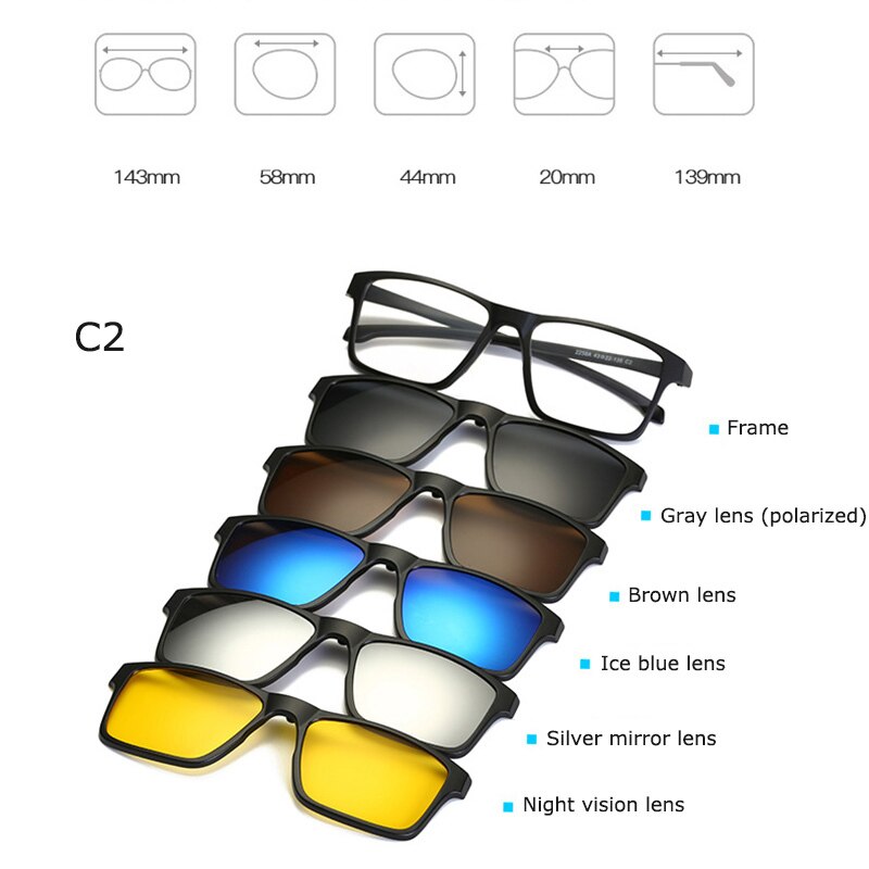 Unisex Polarized  5 Piece Set Clip On Magnetic Sunglasses Plastic Rectangular Frame Eyeglasses Rs219 Sunglasses Brightzone   