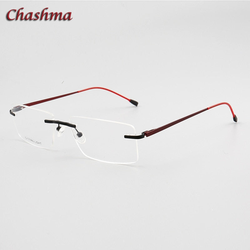 Chashma Ochki Unisex Rimless Square Titanium Eyeglasses 7058 Rimless Chashma Ochki Black with Red  