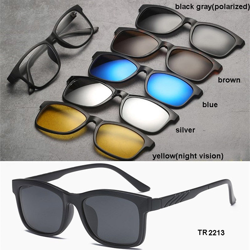 Men's Magnetic Clip-On 5 Piece Sunglasses Tr90 Frame Eyeglasses Sb31 Sunglasses Brightzone TR2213  