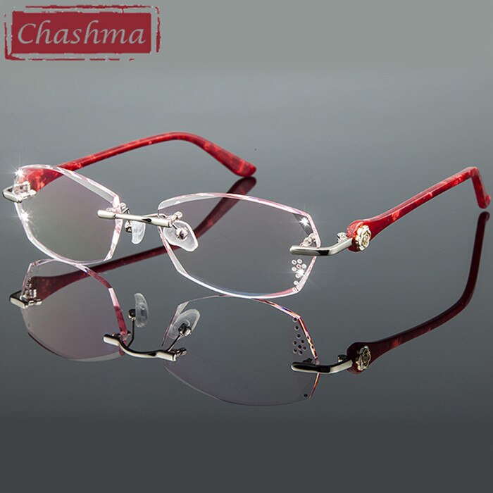 Chashma Ottica Women's Rimless Irregular Rectangle Titanium Eyeglasses Tinted Lenses 58031 Rimless Chashma Ottica Red  