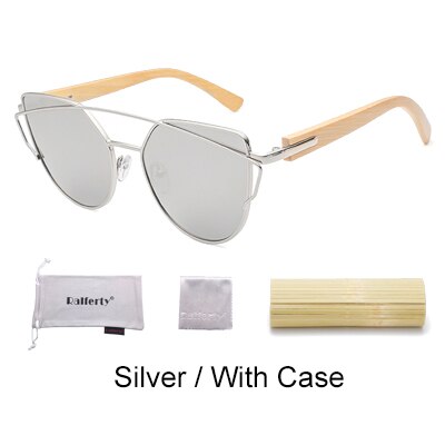 Ralferty Women's Cat Eye Bamboo Wood Mirror Sunglasses K1585 Sunglasses Ralferty Silver - With Case China As picture