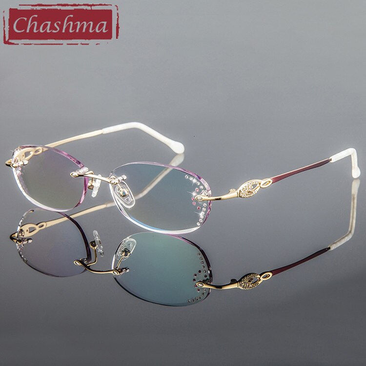 Women's Eyeglasses Diamond Rimless Titanium 3089 Rimless Chashma Gold-Gray Red Lens  