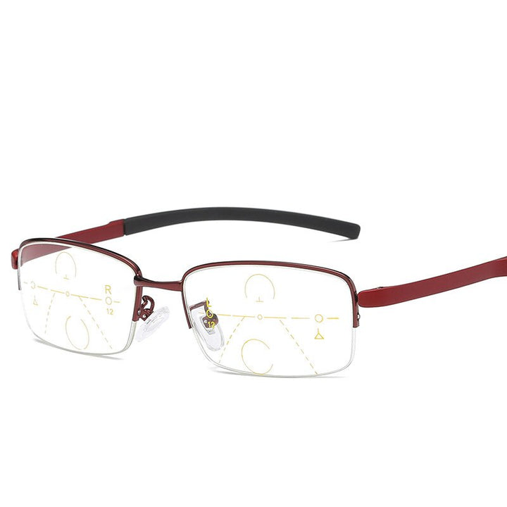 Unisex Half Rim Alloy Frame Progressive Reading Glasses 100-400 Reading Glasses Brightzone +100 Wine red 