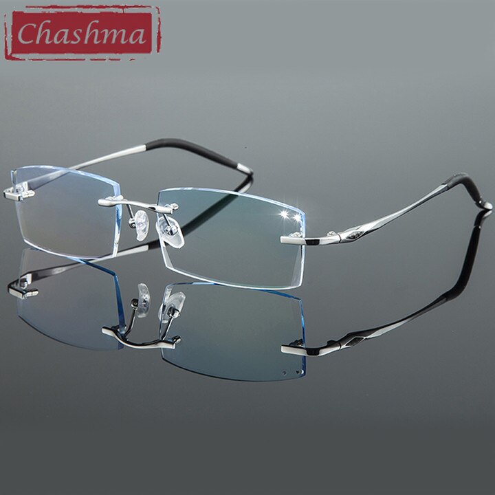 Chashma Ottica Men's Rimless Irregular Rectangle Titanium Eyeglasses Tinted Lenses 8193 Rimless Chashma Ottica Silver with Blue  
