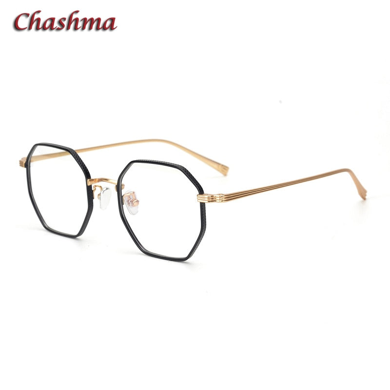 Chashma Ochki Women's Full Rim Irregular Octagon Titanium Acetat Eyeglasses Full Rim Chashma Ochki Black with Gold  