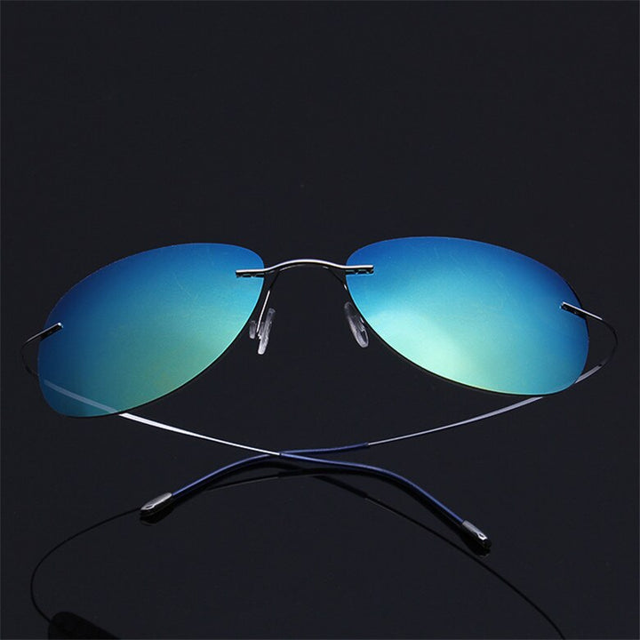 Men's Sunglasses Pure Titanium Rimless Polarized Ultra-light Flexible Sunglasses Brightzone Silver Blue Green  