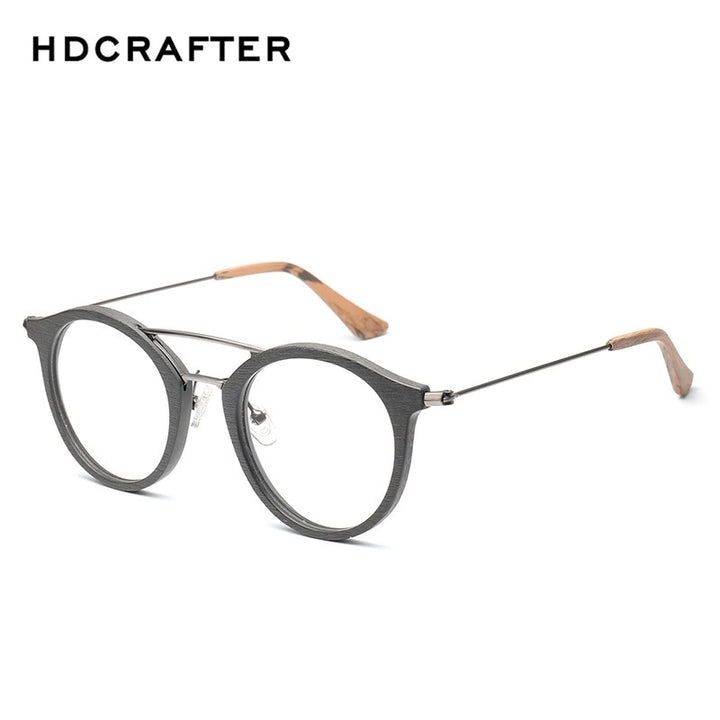 Hdcrafter Unisex Full Rim Round Wood Alloy Double Bridge Eyeglasses 4821 Full Rim Hdcrafter Eyeglasses   
