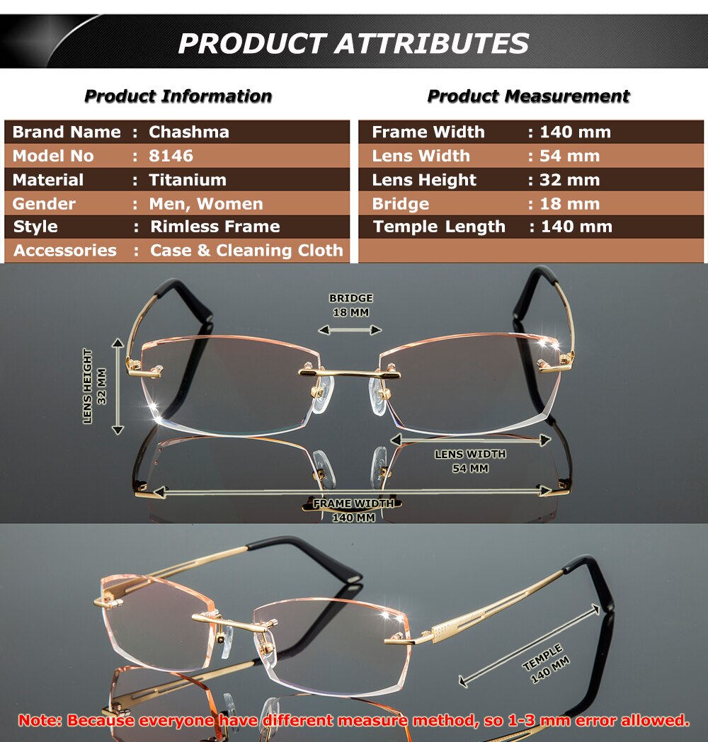 Chashma Ottica Men's Rimless Rectangle Titanium Eyeglasses Tinted Lenses 8146 Rimless Chashma Ottica   