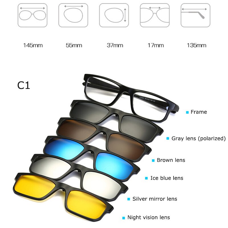 Unisex Polarized  5 Piece Set Clip On Magnetic Sunglasses Plastic Rectangular Frame Eyeglasses Rs219 Sunglasses Brightzone   