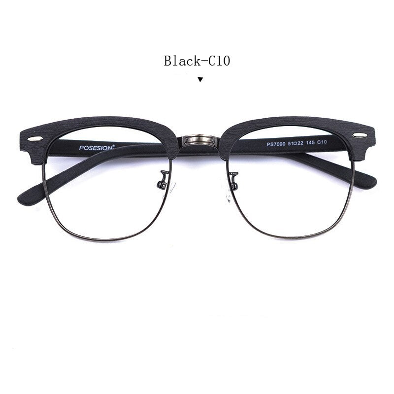 Hdcrafter Unisex Full Rim Round Metal Wood Frame Eyeglasses Ps7090 Full Rim Hdcrafter Eyeglasses Black  