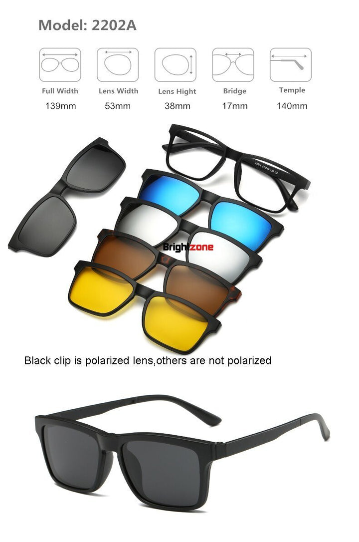 Unisex Eyeglasses Clip On Sunglasses 5 +1 Set 2201 Clip On Sunglasses Brightzone 2202A  