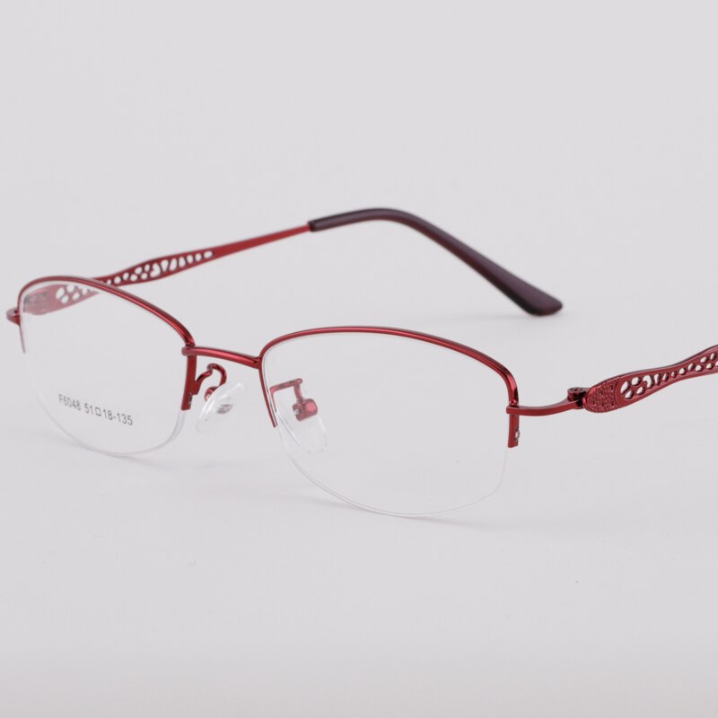 Women's Half Rim Hollow Alloy Frame Eyeglasses 6048 Semi Rim Bclear Red  