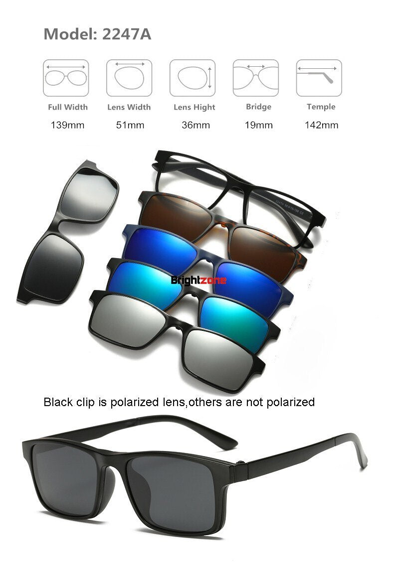 Unisex Eyeglasses Clip On Sunglasses 5 +1 Set 2201 Clip On Sunglasses Brightzone 2247A  