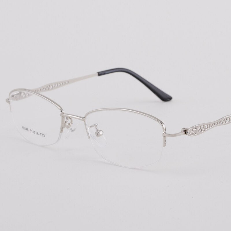 Women's Half Rim Hollow Alloy Frame Eyeglasses 6048 Semi Rim Bclear Silver  