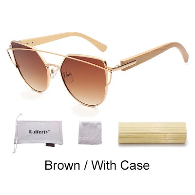 Ralferty Women's Cat Eye Bamboo Wood Mirror Sunglasses K1585 Sunglasses Ralferty Brown - With Case China As picture