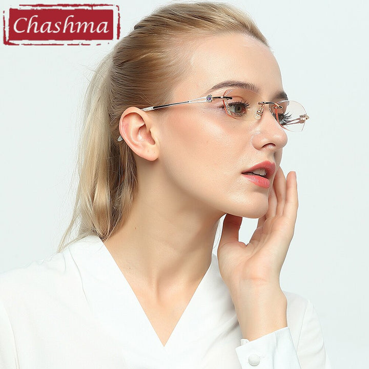 Women's Rimless Eyeglasses Square Diamond Trimmed 856 Rimless Chashma   