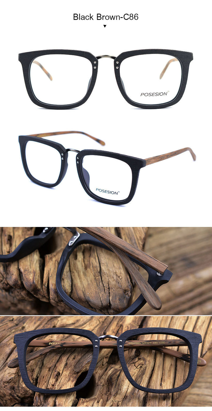 Hdcrafter Men's Full Rim Square Wood Alloy Frame Eyeglasses Ps7085 Full Rim Hdcrafter Eyeglasses   