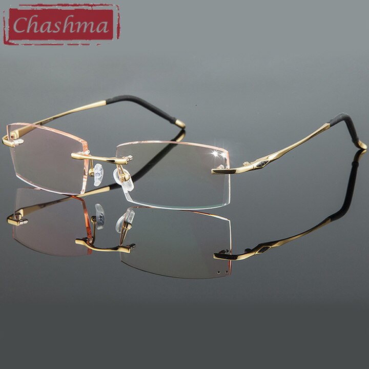Chashma Ottica Men's Rimless Irregular Rectangle Titanium Eyeglasses Tinted Lenses 8193 Rimless Chashma Ottica Gold with Brown  