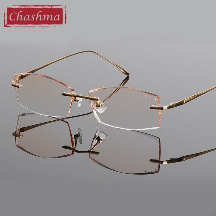Chashma Ottica Men's Rimless Rectangle Titanium Eyeglasses Tinted Lenses 85086 Rimless Chashma Ottica Gold with Brown  
