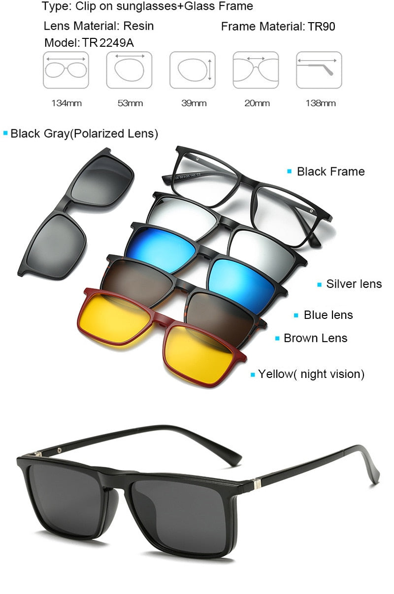 Men's Magnetic Clip-On 5 Piece Sunglasses Tr90 Frame Eyeglasses Sb31 Sunglasses Brightzone TR2249A  