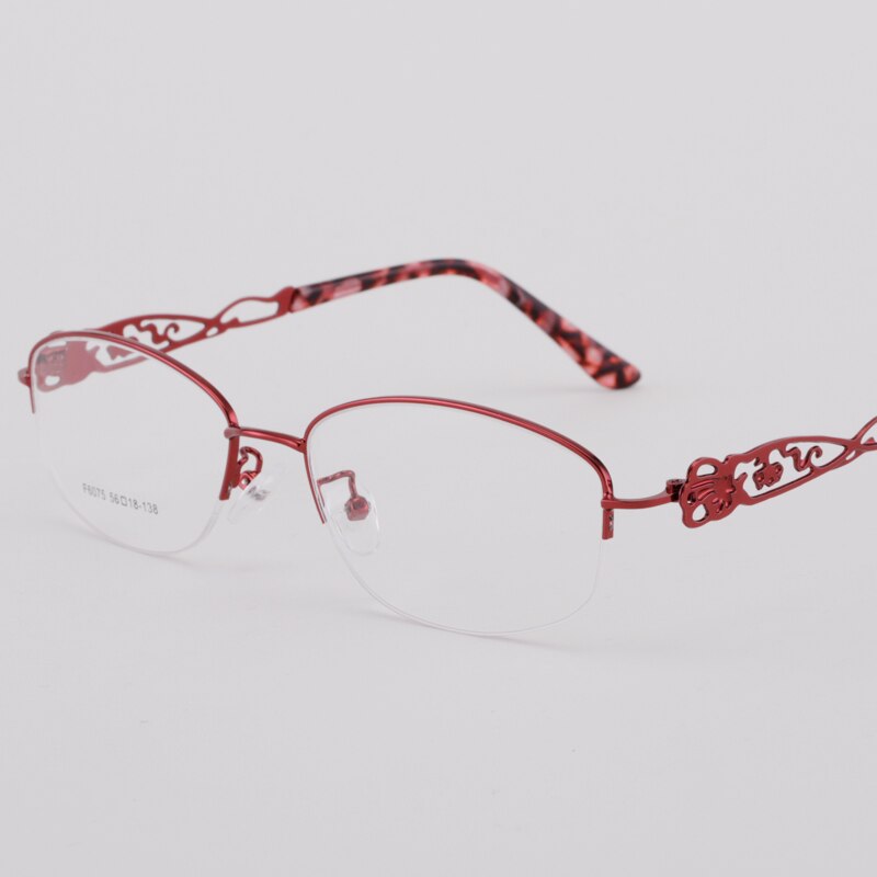 Women's Half Rim Hollow Alloy Frame Eyeglasses 6075 Semi Rim Bclear Red  