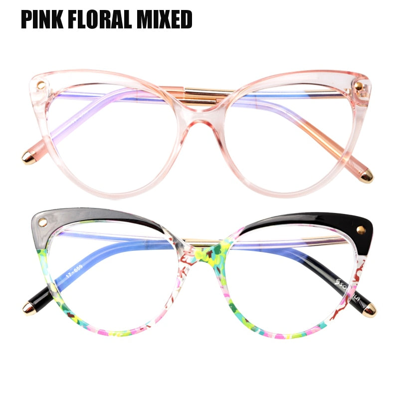 Soolala Anti Blue Ray Women's Semi Rim Anti Fatigue Glasses Tr90 Cat Eye Blue Light Blocking Frames SooLala Pink Floral Mix  