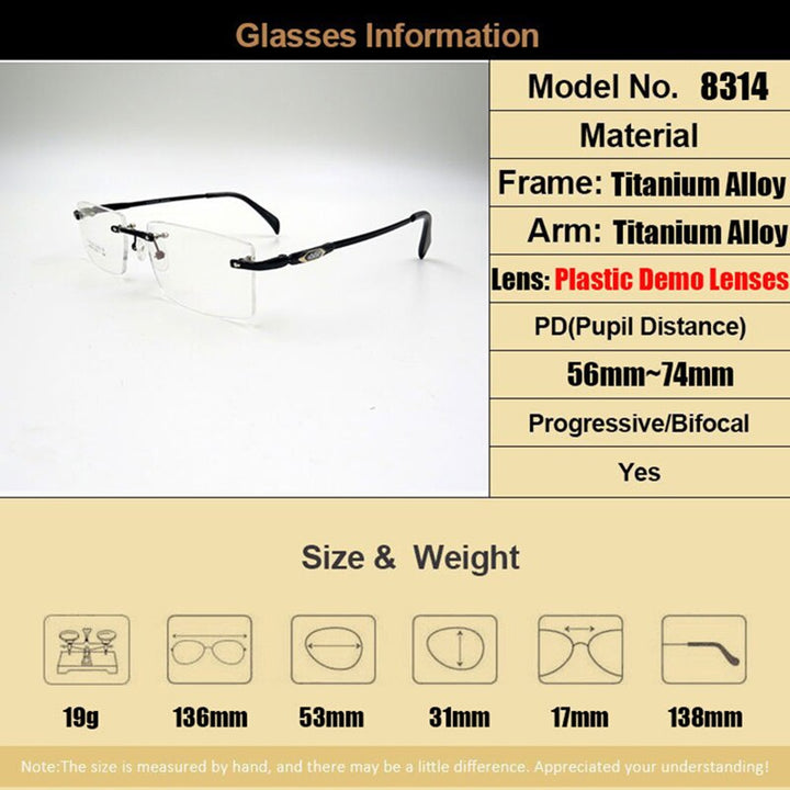 Men's Eyeglasses Titanium Alloy Rimless S8314 Rimless Gmei Optical   