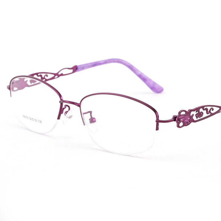 Women's Half Rim Hollow Alloy Frame Eyeglasses 6075 Semi Rim Bclear Purple  