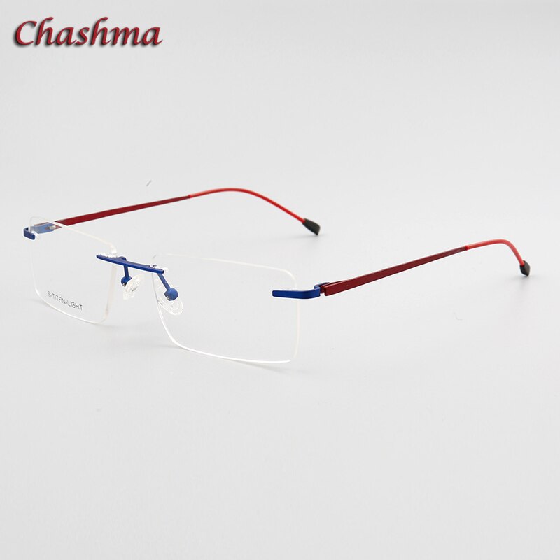 Chashma Ochki Unisex Rimless Square Titanium Eyeglasses 7058 Rimless Chashma Ochki Blue with Red  