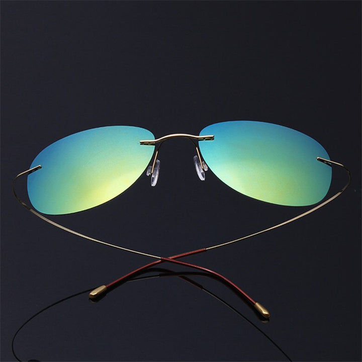 Men's Sunglasses Pure Titanium Rimless Polarized Ultra-light Flexible Sunglasses Brightzone Gold Blue  