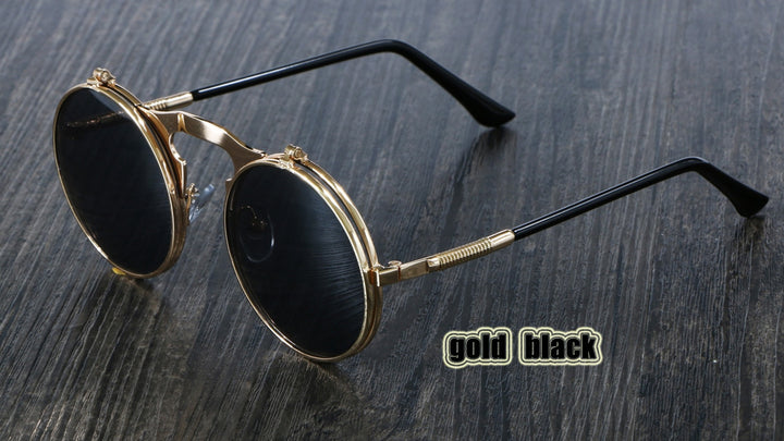 CCspace Unisex Full Rim Round Alloy Frame Steampunk Sunglasses 3057 Sunglasses CCspace Sunglasses gold black  