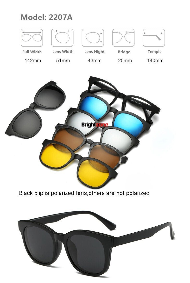 Unisex Eyeglasses Clip On Sunglasses 5 +1 Set 2201 Clip On Sunglasses Brightzone 2207A  