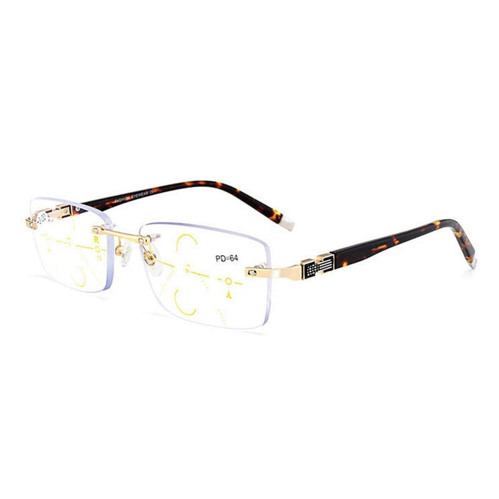 Hotochki Men's Rimless Titanium Alloy Frame Progressive Reading Glasses Anti Blue Light 656 Reading Glasses Hotochki +100 Gold 