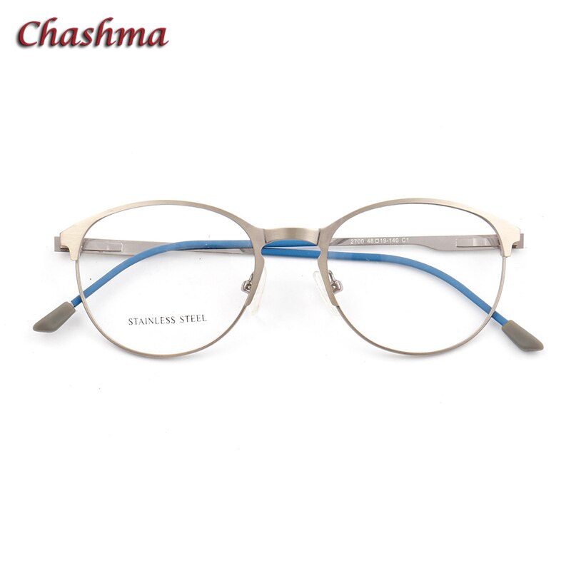 Chashma Ochki Unisex Full Rim Round Cat Eye Stainless Steel Eyeglasses 2700 Full Rim Chashma Ochki Silver with Blue  