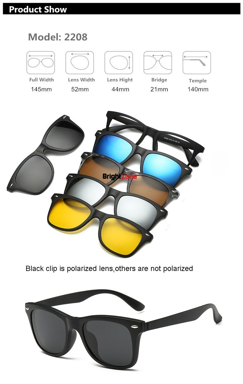 Unisex Eyeglasses Clip On Sunglasses 5 +1 Set 2201 Clip On Sunglasses Brightzone 2208A  