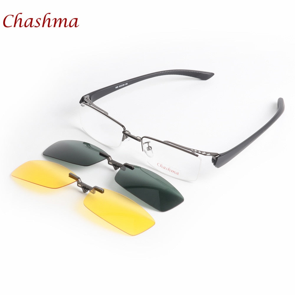 Chashma Ochki Men's Semi Rim Rectangle Alloy Eyeglasses Clip On Polarized Sunglasses 680 Sunglasses Chashma Ochki Gray  