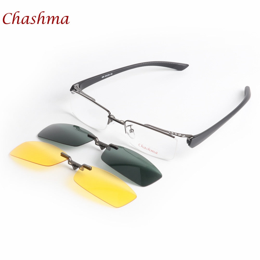 Chashma Ochki Men's Semi Rim Rectangle Alloy Eyeglasses Clip On Polarized Sunglasses 680 With Clip Ons Chashma Ochki Gray  