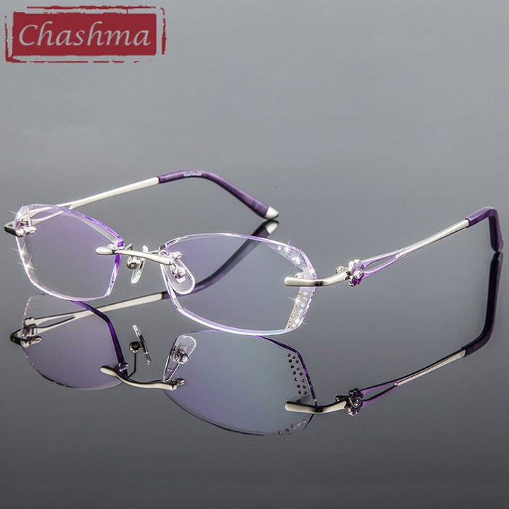 Women's Rimless Eyeglasses Square Diamond Trimmed 856 Rimless Chashma Purple  