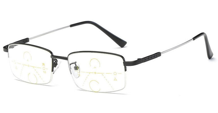 Unisex Memory Metal Half Rim Alloy Frame Presbyopic Progressive Reading Glasses 100-300 Reading Glasses Brightzone 100 Bright black 