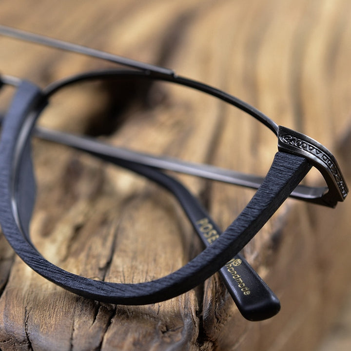 Hdcrafter Unisex Full Rim Round Metal Wood Double Bridge Frame Eyeglasses Ps5051 Full Rim Hdcrafter Eyeglasses   